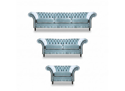 Luxurious Blue Chesterfield Upholstered Set Three-Seat Armchair 3-piece