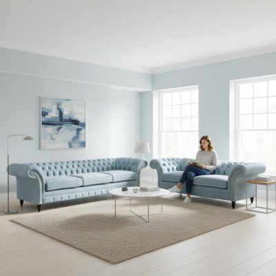 Stylish Light Blue Chesterfield Designer Suite Three-Seater Two-Seater