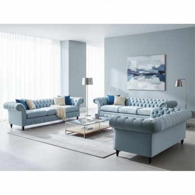 Stylish Light Blue Chesterfield Designer Suite Three-Seater Two-Seater