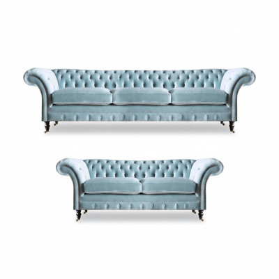Stylish Light Blue Chesterfield Designer Suite Three-Seater Two-Seater