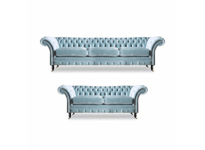 Stylish Light Blue Chesterfield Designer Suite Three-Seater Two-Seater