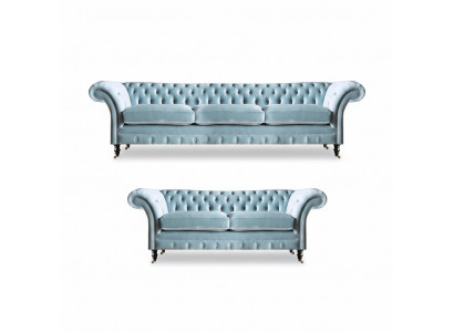 Stylish Light Blue Chesterfield Designer Suite Three-Seater Two-Seater