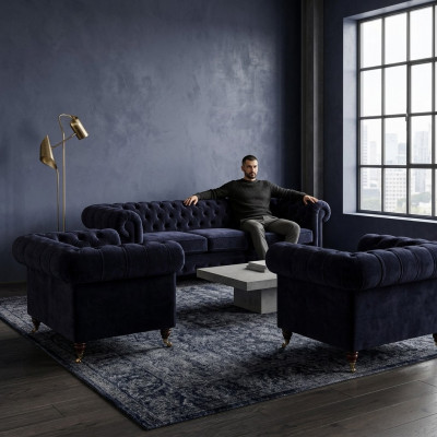 Blue Chesterfield Sofa Set Designer 3-Seater 2x Upholstered Armchairs 3-piece