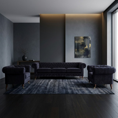 Blue Chesterfield Sofa Set Designer 3-Seater 2x Upholstered Armchairs 3-piece
