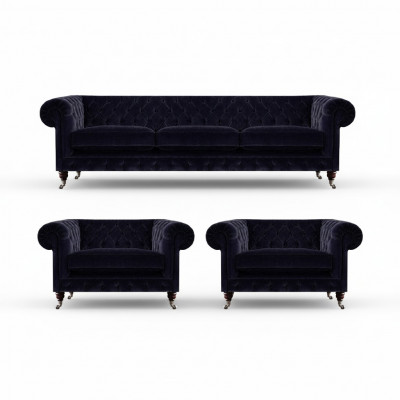 Blue Chesterfield Sofa Set Designer 3-Seater 2x Upholstered Armchairs 3-piece