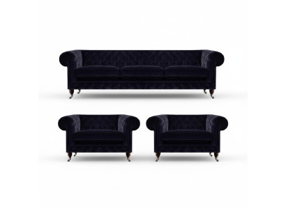 Blue Chesterfield Sofa Set Designer 3-Seater 2x Upholstered Armchairs 3-piece