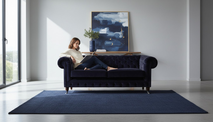 Dark blue Chesterfield two-seater living room elegant fabric sofa couch