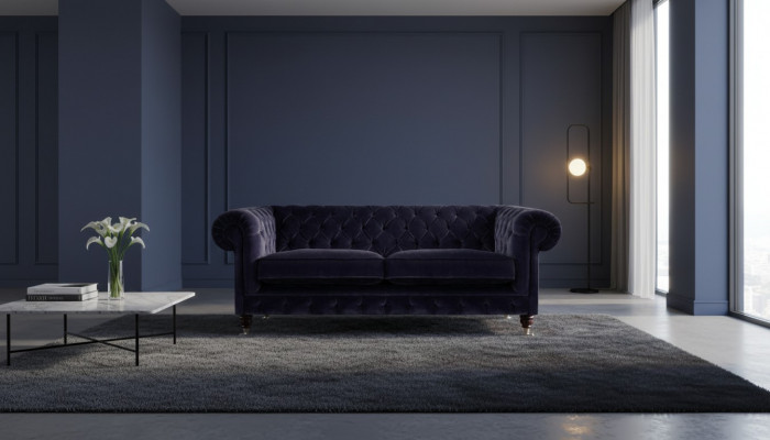 Dark blue Chesterfield two-seater living room elegant fabric sofa couch