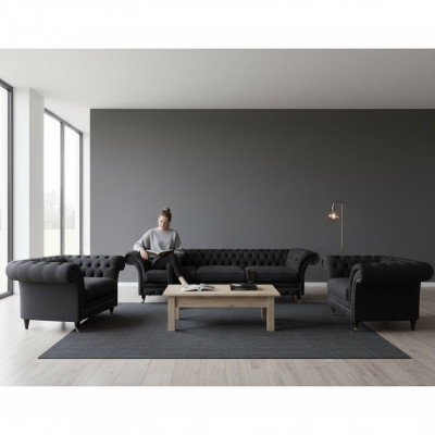 Modern Chesterfield Black Seating Sofas Sofa Set Armchair 3-Seater