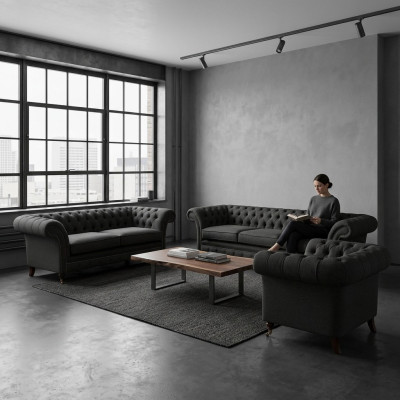 Black Chesterfield Sofa Set Designer Two-Seater Four-Seater Couch