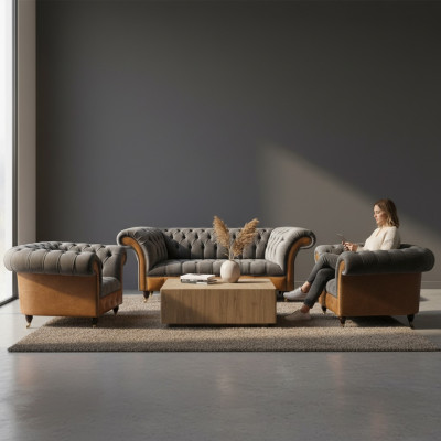 Light gray Chesterfield armchair designer 3-seater couch upholstered furniture