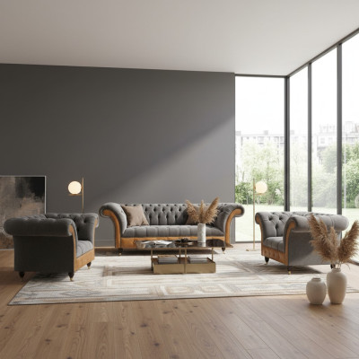 Light gray Chesterfield armchair designer 3-seater couch upholstered furniture