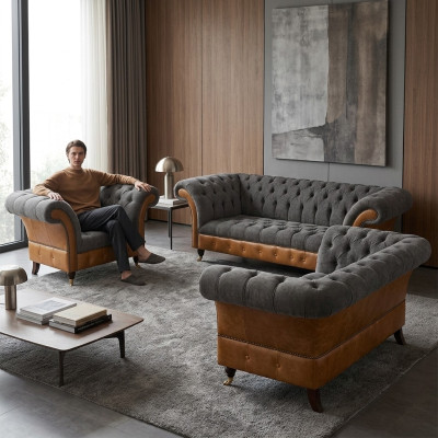 Gray-Brown Chesterfield Fabric Sofas Designer Living Room Upholstered Furniture