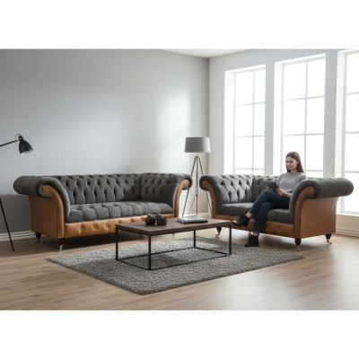 Light Gray-Brown Chesterfield Sofa Set Noble Seating Modern Suite