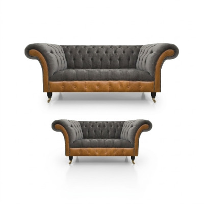 Light Gray-Brown Chesterfield Sofa Set Noble Seating Modern Suite
