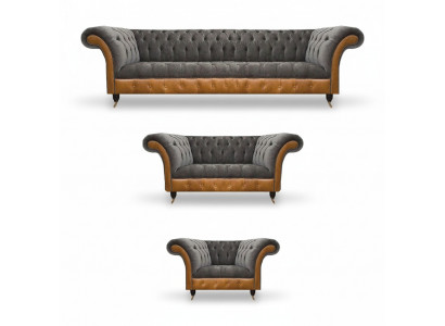 Gray-Brown Chesterfield Upholstered Sofa Set in Fabric, 3-Piece Couches