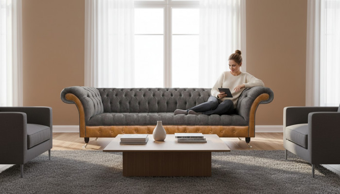 Luxurious Chesterfield 4-Seater Designer Four-Seater Textile Couch Sofas