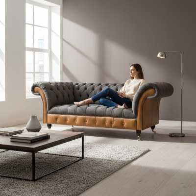 Luxurious gray Chesterfield seating furniture living room couches elegant sofas