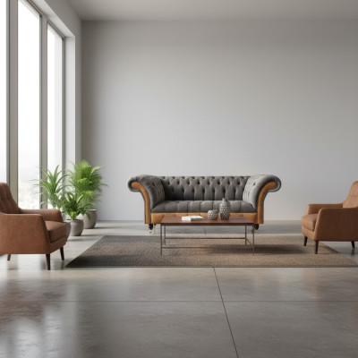 Luxurious gray Chesterfield seating furniture living room couches elegant sofas