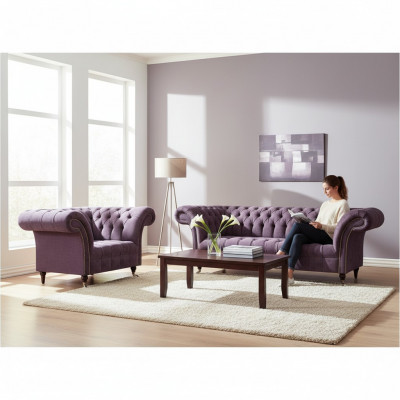 Chesterfield Lilac Living Room Sofa Set Elegant 3-Seater Fabric Armchair