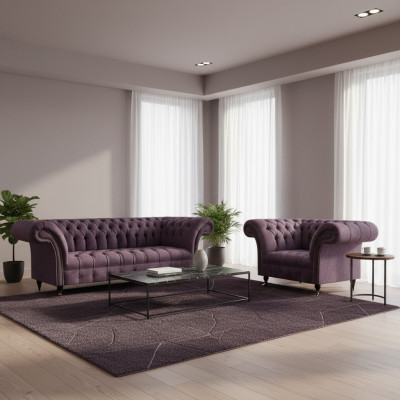 Chesterfield Lilac Living Room Sofa Set Elegant 3-Seater Fabric Armchair