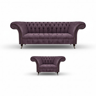 Chesterfield Lilac Living Room Sofa Set Elegant 3-Seater Fabric Armchair