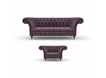 Chesterfield Lilac Living Room Sofa Set Elegant 3-Seater Fabric Armchair