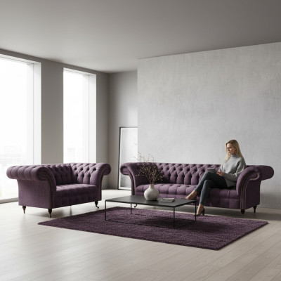 Complete Chesterfield Purple Seating Suite 2x Sofas Three-Seater 2-Seater