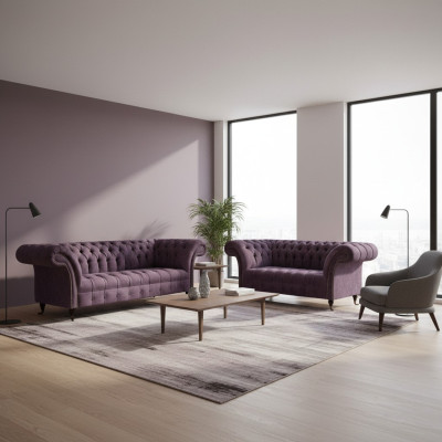 Complete Chesterfield Purple Seating Suite 2x Sofas Three-Seater 2-Seater