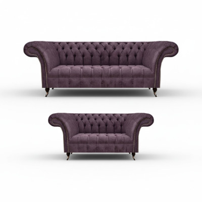 Complete Chesterfield Purple Seating Suite 2x Sofas Three-Seater 2-Seater