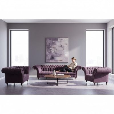 Chesterfield Purple Fabric Sofas Designer Upholstered Couches 3-piece Suite