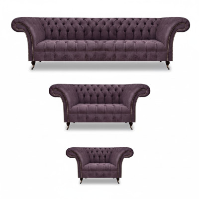 Chesterfield Purple Fabric Sofas Designer Upholstered Couches 3-piece Suite