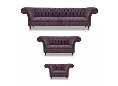 Chesterfield Purple Fabric Sofas Designer Upholstered Couches 3-piece Suite
