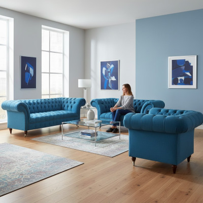 Chesterfield Light Blue Designer Furniture Elegant 3-Seater Two-Seater 3-Piece Set