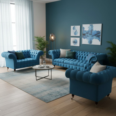 Chesterfield Light Blue Designer Furniture Elegant 3-Seater Two-Seater 3-Piece Set
