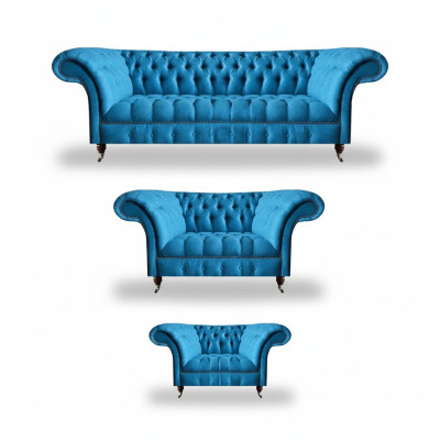 Chesterfield Light Blue Designer Furniture Elegant 3-Seater Two-Seater 3-Piece Set