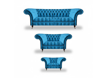 Chesterfield Light Blue Designer Furniture Elegant 3-Seater Two-Seater 3-Piece Set