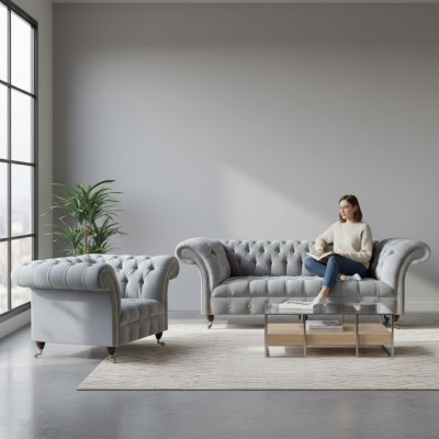 Complete Grey Chesterfield Furniture Elegant Armchair 3-Seater Sofa