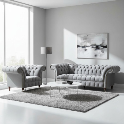 Complete Grey Chesterfield Furniture Elegant Armchair 3-Seater Sofa