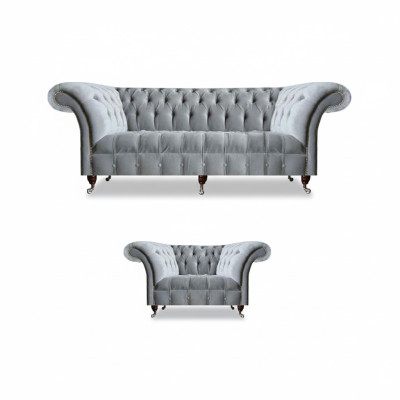 Complete Grey Chesterfield Furniture Elegant Armchair 3-Seater Sofa