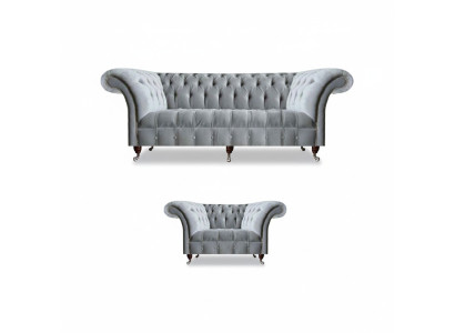 Complete Grey Chesterfield Furniture Elegant Armchair 3-Seater Sofa