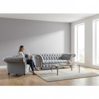 Chesterfield Light Gray Upholstered Suite Designer 2-Piece Fabric Sofas