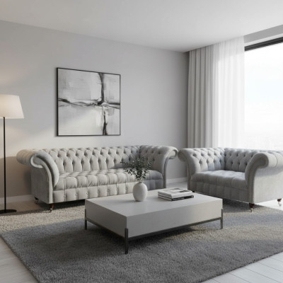 Chesterfield Light Gray Upholstered Suite Designer 2-Piece Fabric Sofas
