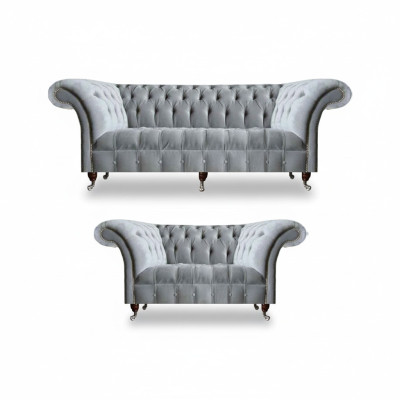 Chesterfield Light Gray Upholstered Suite Designer 2-Piece Fabric Sofas