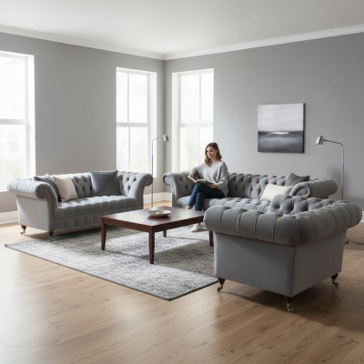 Light gray living room Chesterfield sofas armchair 2-seater four-seater 3-piece set