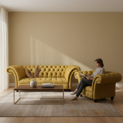 Luxurious Chesterfield Yellow Couch Fabric Armchair Modern 3-Seater 2-Piece Set