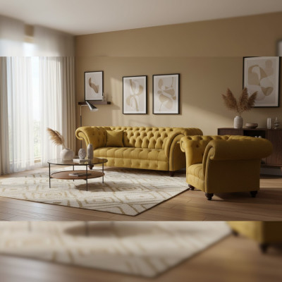 Luxurious Chesterfield Yellow Couch Fabric Armchair Modern 3-Seater 2-Piece Set