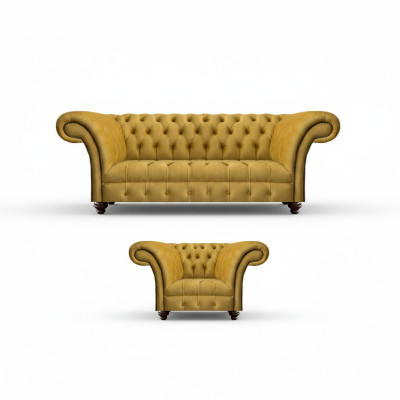 Luxurious Chesterfield Yellow Couch Fabric Armchair Modern 3-Seater 2-Piece Set