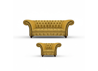Luxurious Chesterfield Yellow Couch Fabric Armchair Modern 3-Seater 2-Piece Set