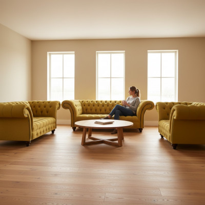 Luxurious Yellow Chesterfield Textile Couches Three-Seater Two-Seater Armchair